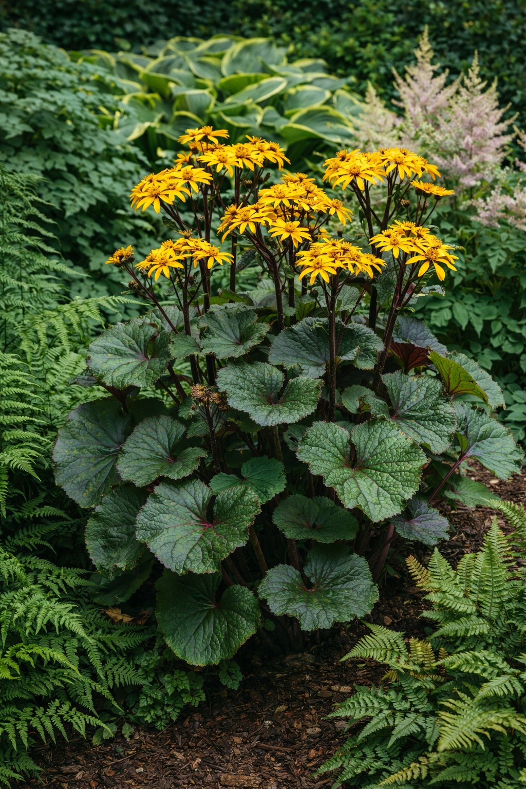 Kínai hamuvirág Othello Ligularia dentata virágzó növény árnyékos kertben társültetéssel
