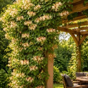 Illatos lonc Lonicera caprifolium pergolán virágzó kúszó dísznövény