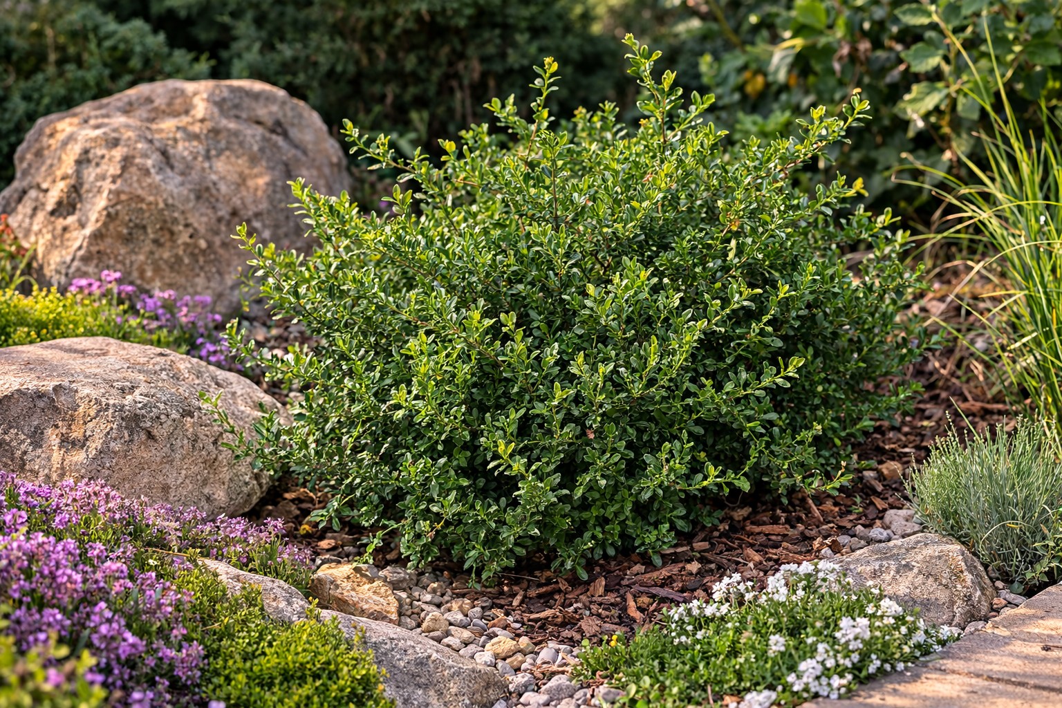 Örökzöld lonc Tiny Green Lonicera nitida sziklakertben növő díszcserje