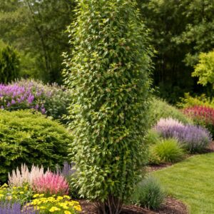 Oszlopos kanadai fanyarka Amelanchier canadensis Rainbow Pillar kerti ültetésben