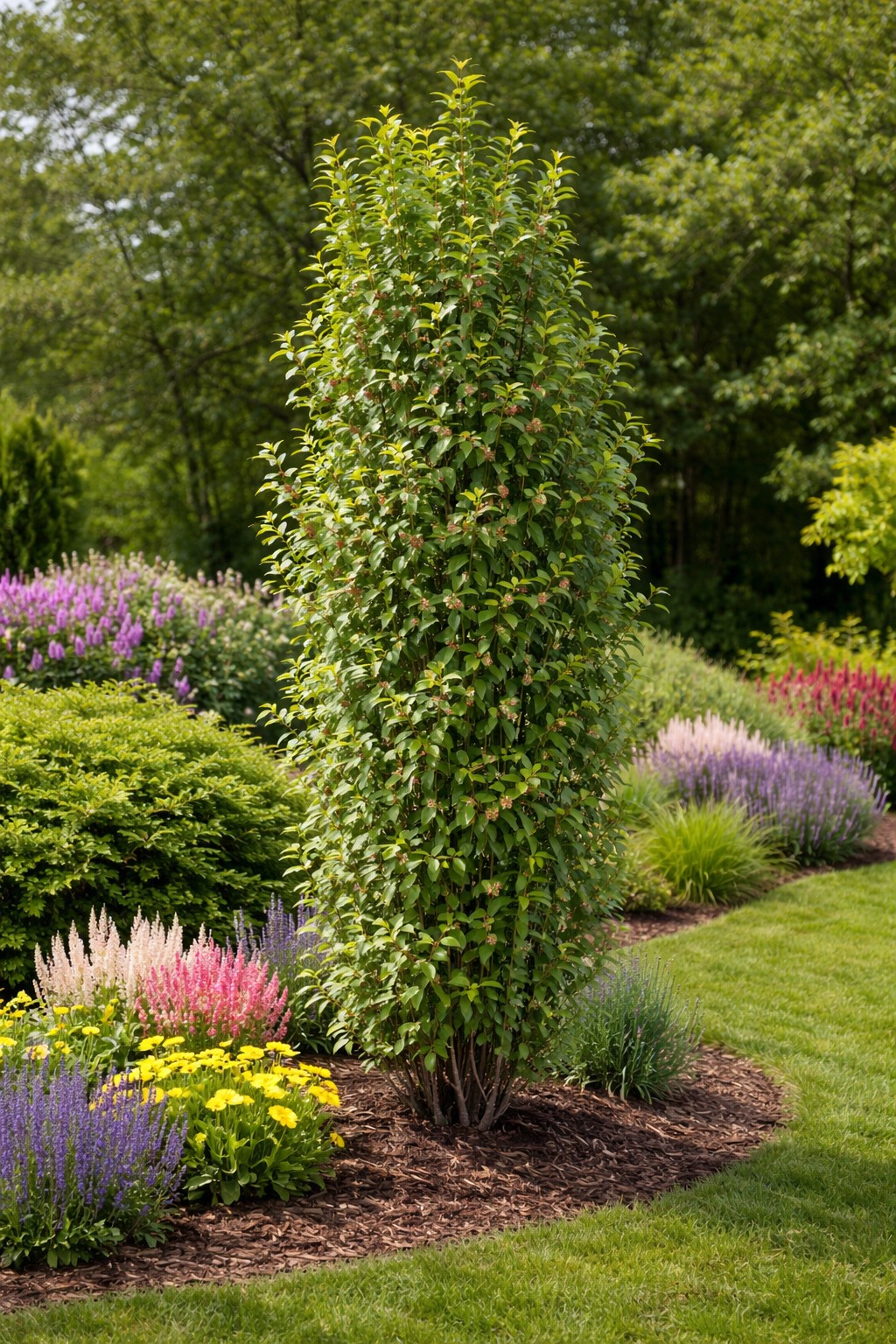Oszlopos kanadai fanyarka Amelanchier canadensis Rainbow Pillar kerti ültetésben