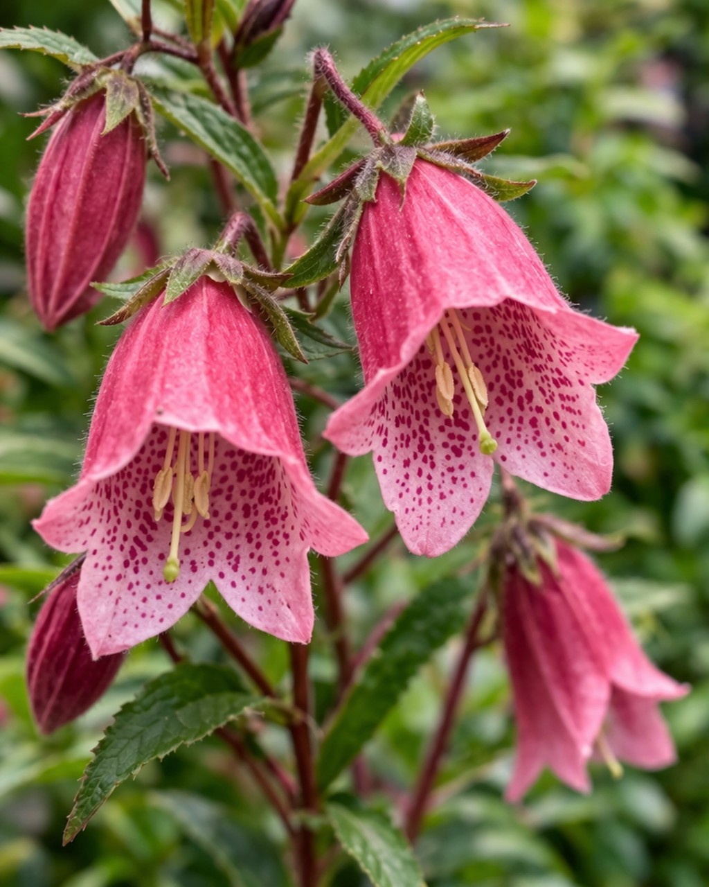Pettyegetett harangvirág Rubriflora közeli virág kép rózsaszín pettyes harang alakú virágok