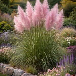 Rózsaszín pampafű Cortaderia selloana virágzó állapotban kertben