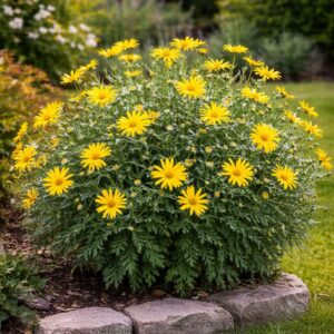 Sárga margaréta Euryops pectinatus bokros formában kertben ültetve