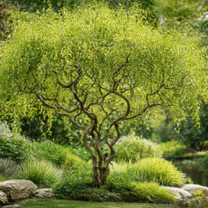 Spirálfűz Twiggy Salix babylonica kifejlett fa csavart ágakkal díszkertben