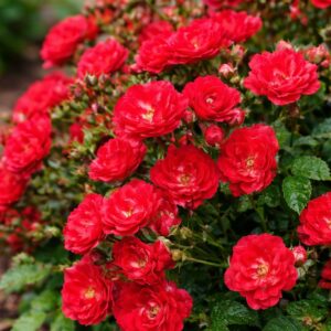 Talajtakaró rózsa The Fairy Red piros apró virágú rózsa közelről