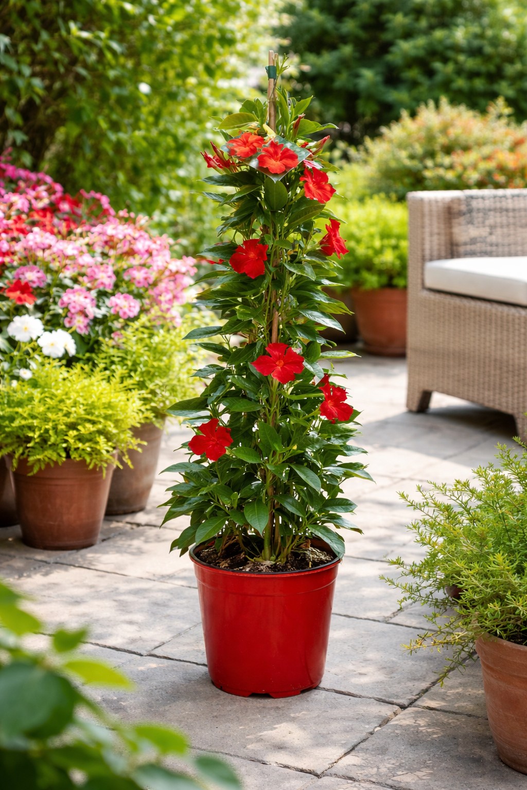 Piros tölcsérjázmin Mandevilla sanderi kerti környezetben cserépben