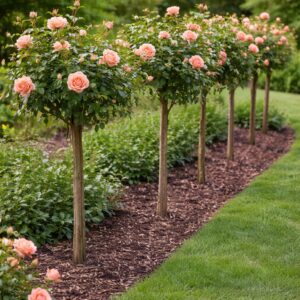 Törzses rózsa több tő sorba ültetve kertben, barack színű virágokkal