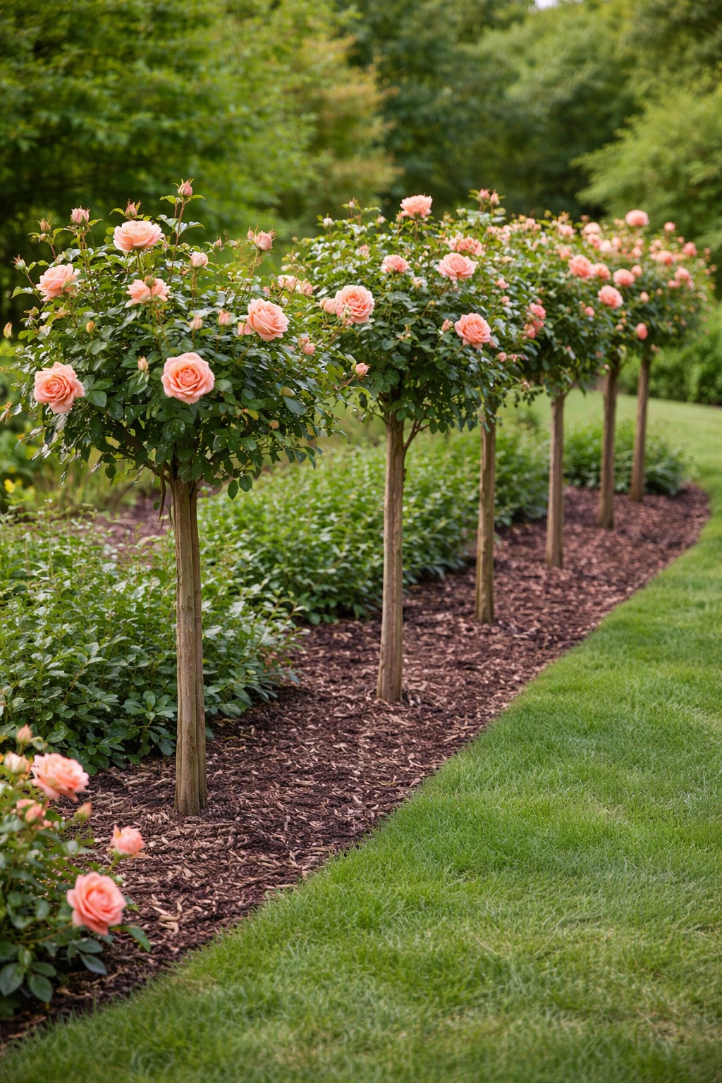 Törzses rózsa több tő sorba ültetve kertben, barack színű virágokkal