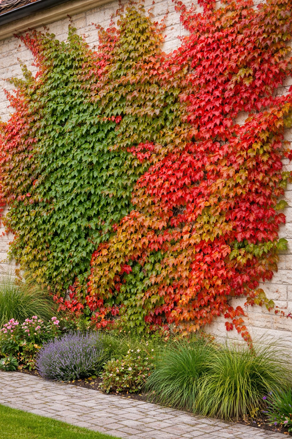 Vadszőlő Parthenocissus tricuspidata Veitchii falon futó növény őszi lombszínnel