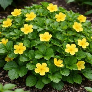 Indás pimpó Waldsteinia ternata sárga virágú talajtakaró évelő növény kertben