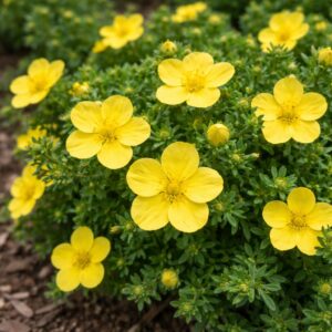 Cserjés pimpó Potentilla fruticosa Goldteppich sárga virágok közeli fotó