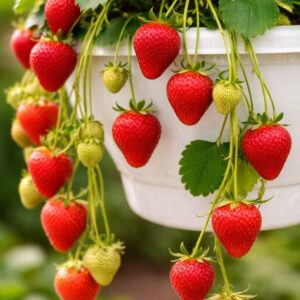 Folytontermő csüngő eper érett és félérérett termésekkel függő kaspóban