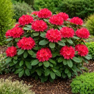 Havasszépe Rhododendron hybride Alpenrose Dr H C Dresselhuys piros virágzó bokor kertben