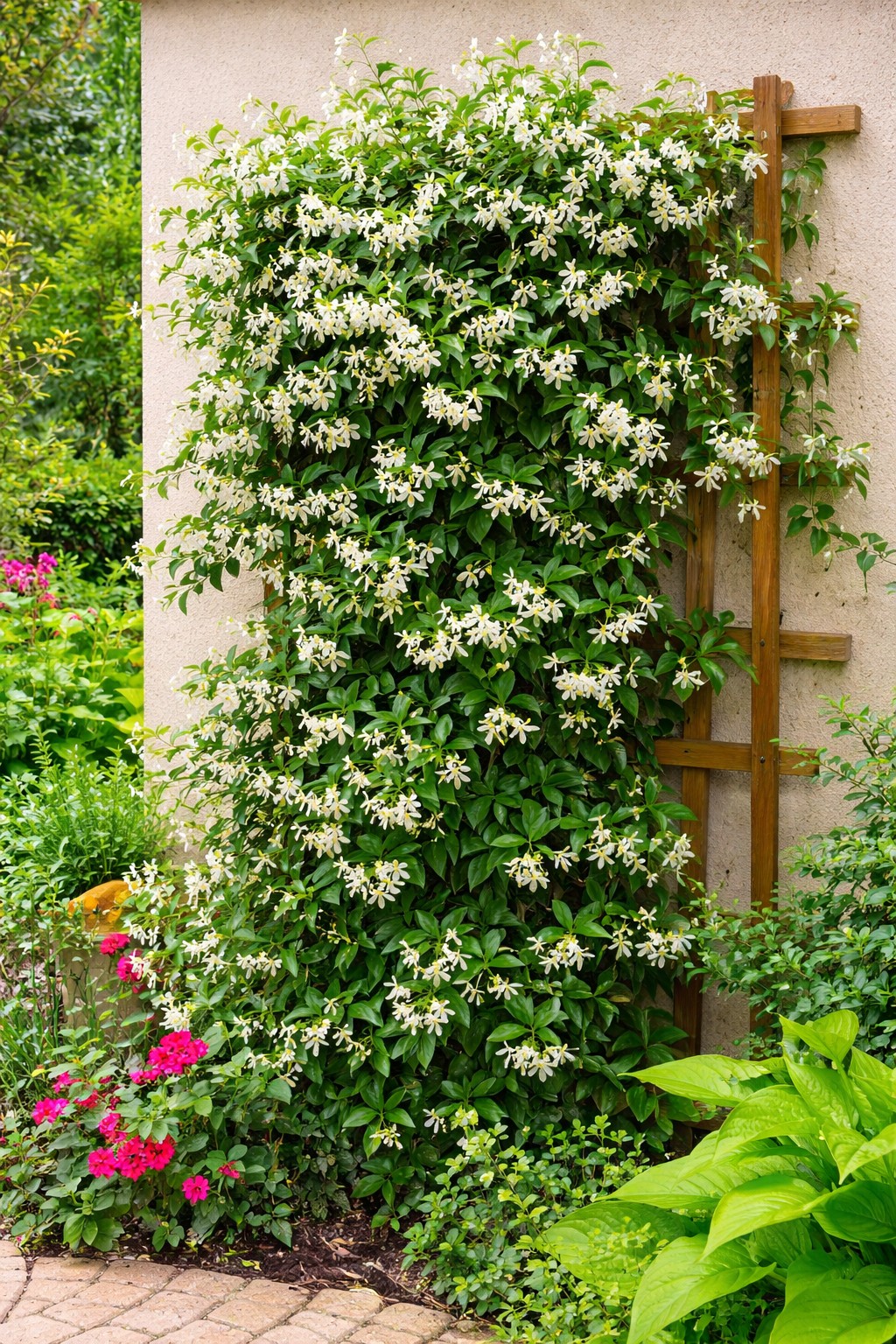 illatos csillagjázmin Trachelospermum jasminoides kifejlett futónövény kertben