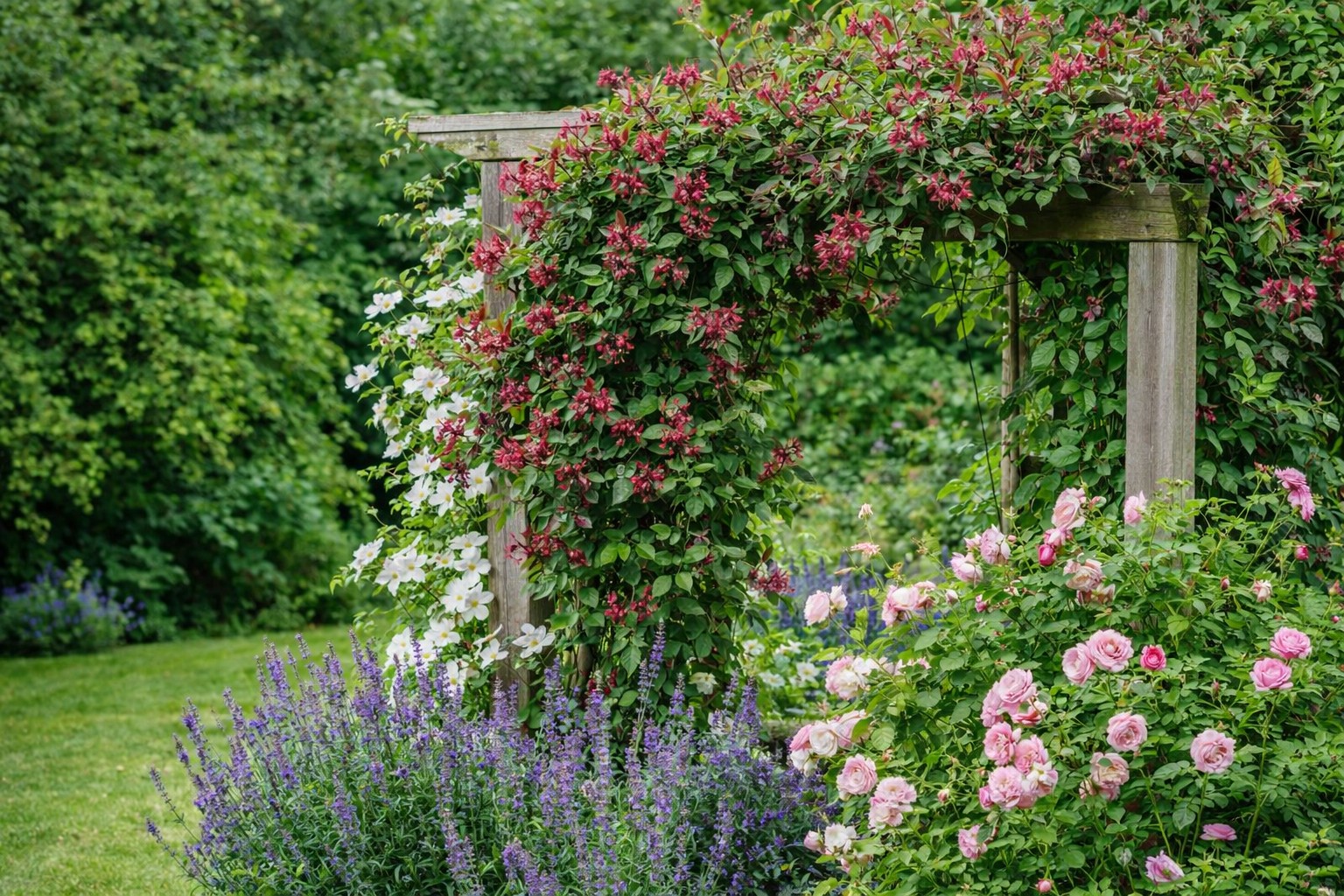 Illatos kerti lonc Lonicera bordó virágú kúszónövény pergolán levendulával és rózsával társítva