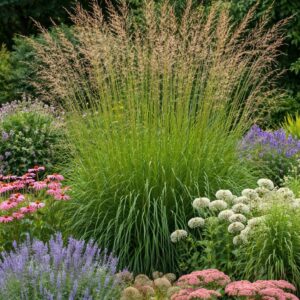 Kékperje Molinia arundinacea Karl Foerster kifejlett díszfű társított évelőkkel kertben