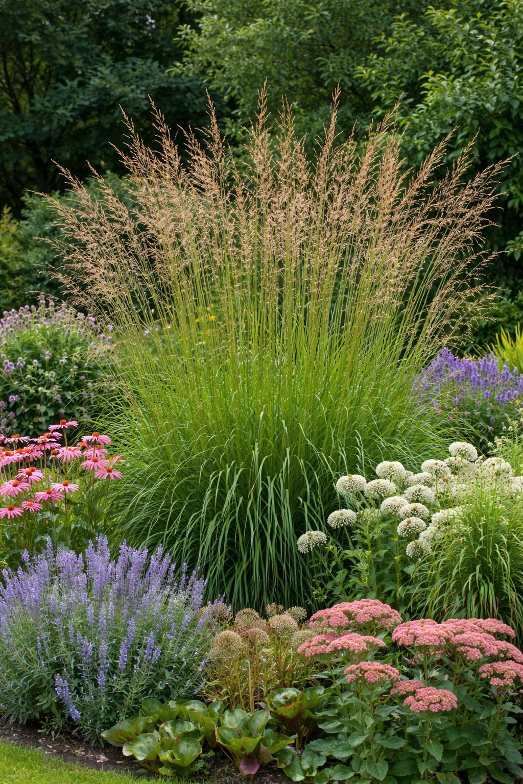 Kékperje Molinia arundinacea Karl Foerster kifejlett díszfű társított évelőkkel kertben