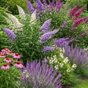 Nyári orgona Buddleja davidii színes virágágyásban levendulával kasvirággal és díszgyertyával