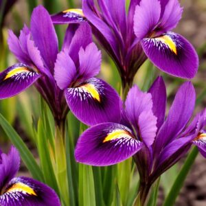 Törpe nőszirom Iris reticulata lila virág közeli képe sárga mintázattal