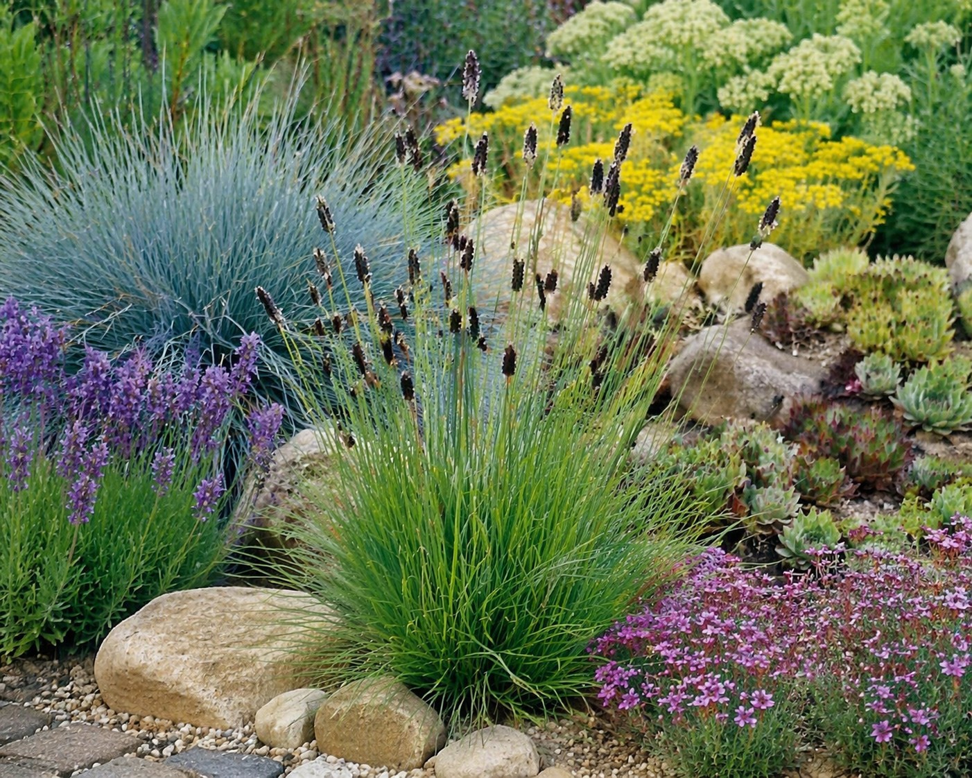Zöldes deres csenkesz (Sesleria heufleriana) díszfű növénytársítással sziklakertben