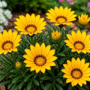 Pompás záporvirág Gazania rigens sárga virágok közeli nézetben kertben
