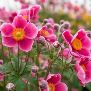 Élénkrózsaszín szellőrózsa, Anemone hybrida Pink Glows virágai természetes kerti környezetben