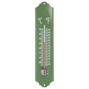 Zöld fém hőmérő Celsius- és Fahrenheit-skálával