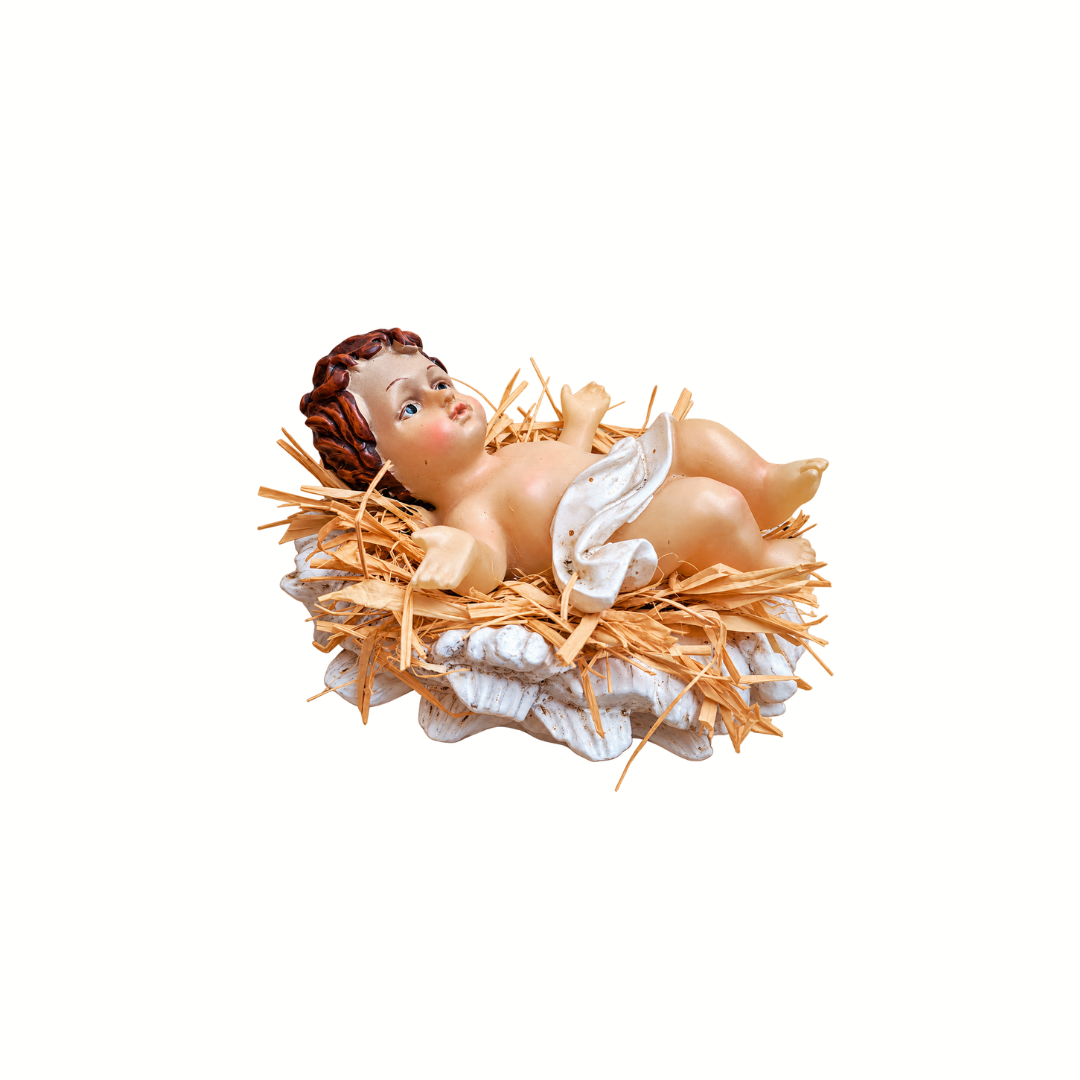 Világító gyermek Jézus betlehemi figura szalmás jászolban